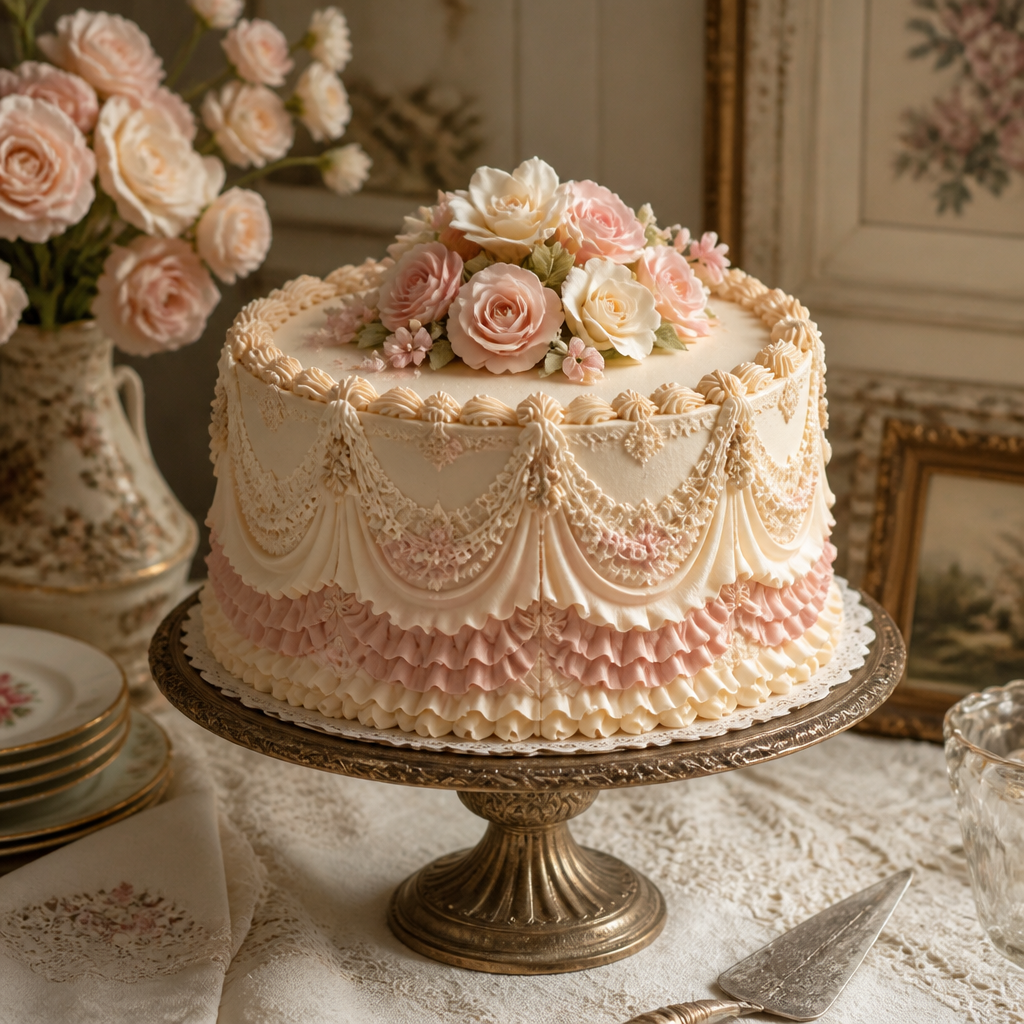A vintage-style custom cake with ruffled buttercream, lace piping, and sugar roses