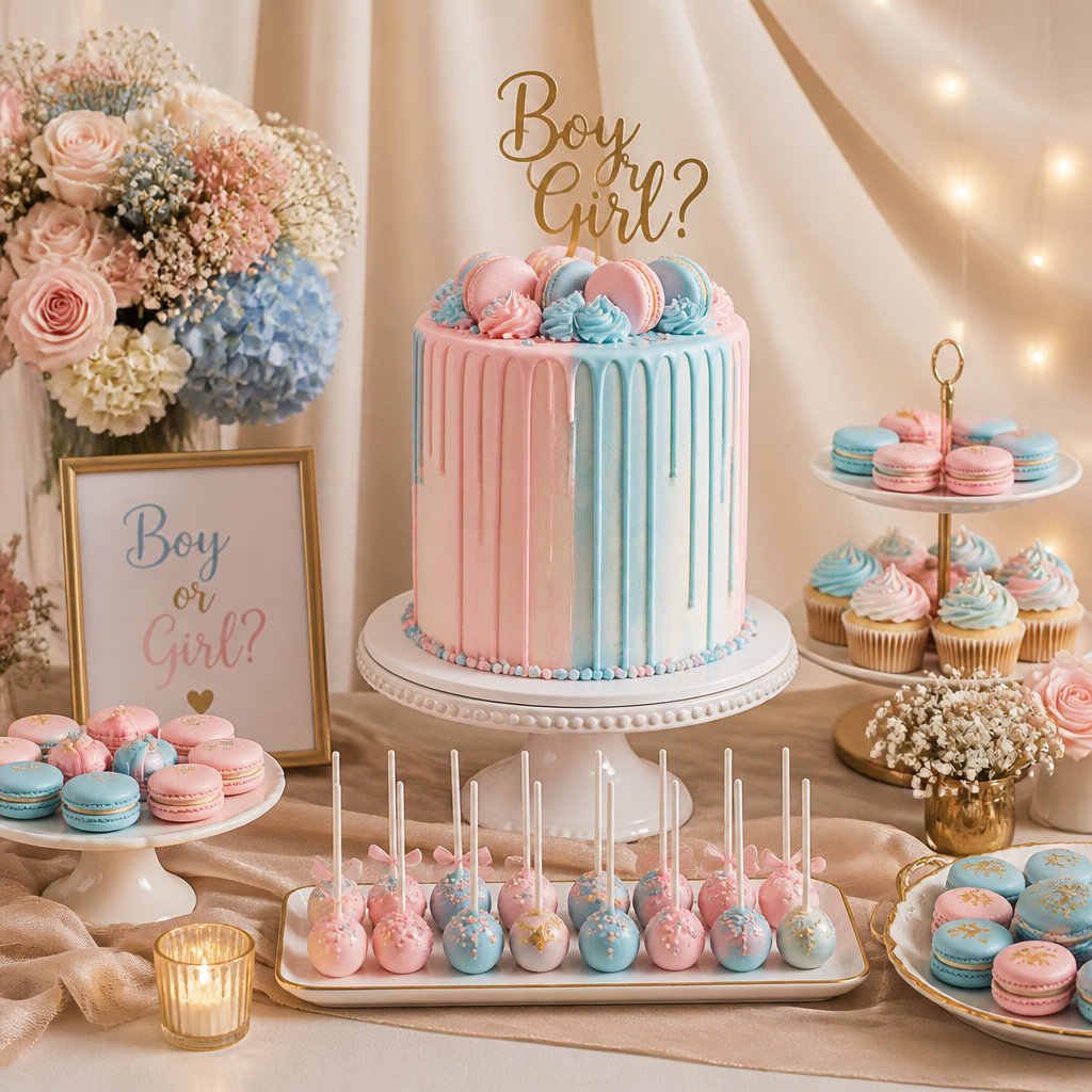 A gender reveal dessert table with a pink and blue drip cake, macarons, cupcakes, and cake pops