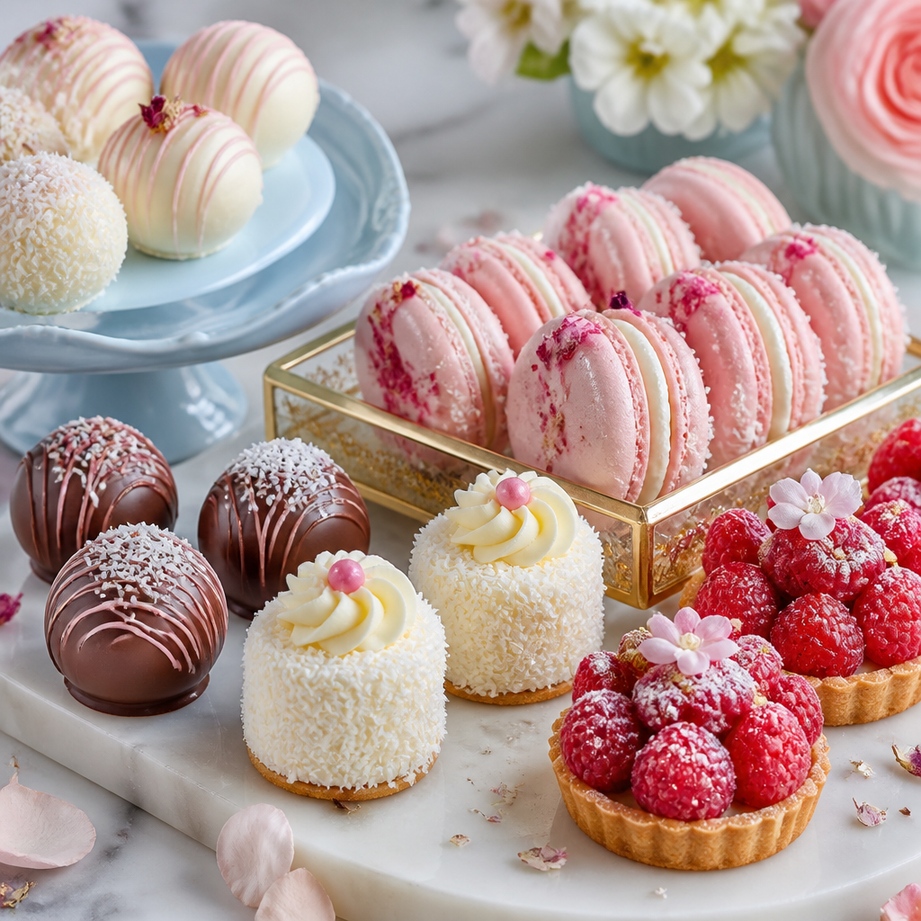An assortment of chocolate truffles, coconut cakes, raspberry tarts, and pink macarons