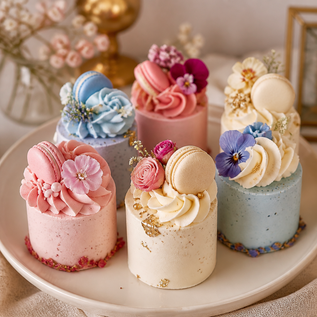 A plate of premium mini cakes decorated with pastel pink, blue, and cream buttercream, macarons, and edible flowers